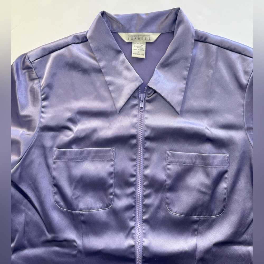 Vintage Express Satin Pointed Collar Zip Cropped Top Purple Size L - Picture 3 of 9